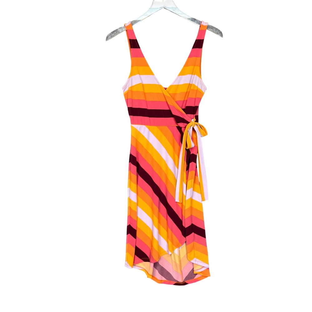 Express Dress Womens XS Orange Pink Rainbow Striped Wrap Dress Sleeveless Summer
